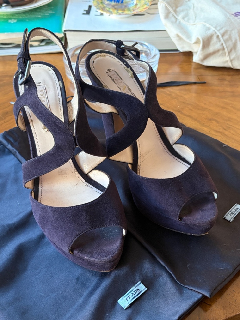 Prada Deep Purple Suede Strappy Block Heels